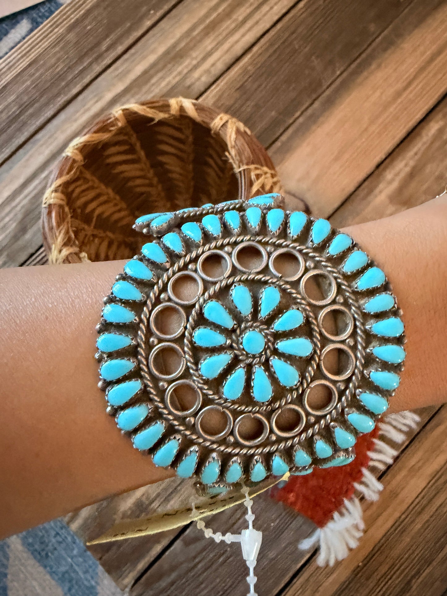 Handcrafted Old Pawn Sterling Silver & Turquoise Cluster Cuff Bracelet
