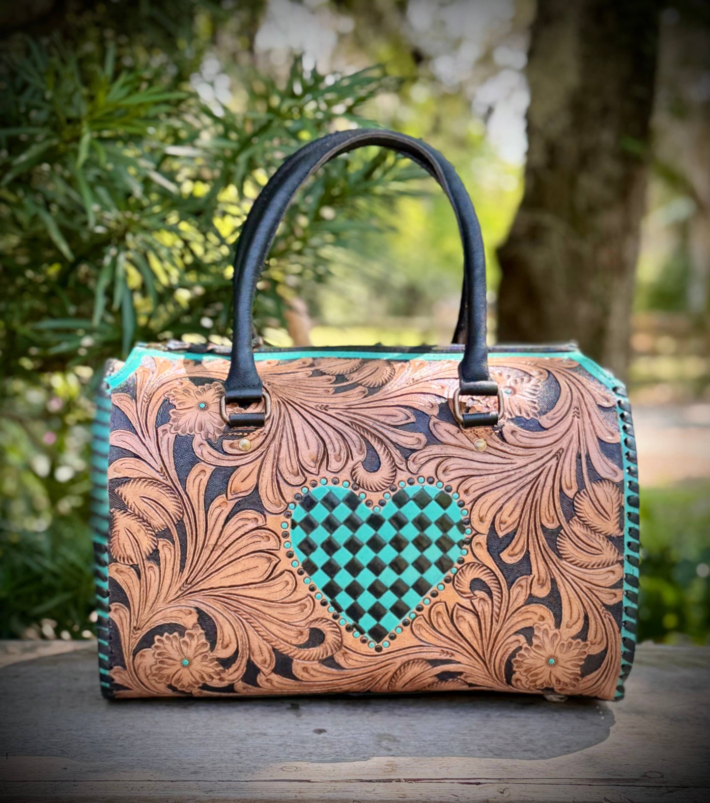 Tooled Leather Turquoise Black Checkered Heart Speedy Bag