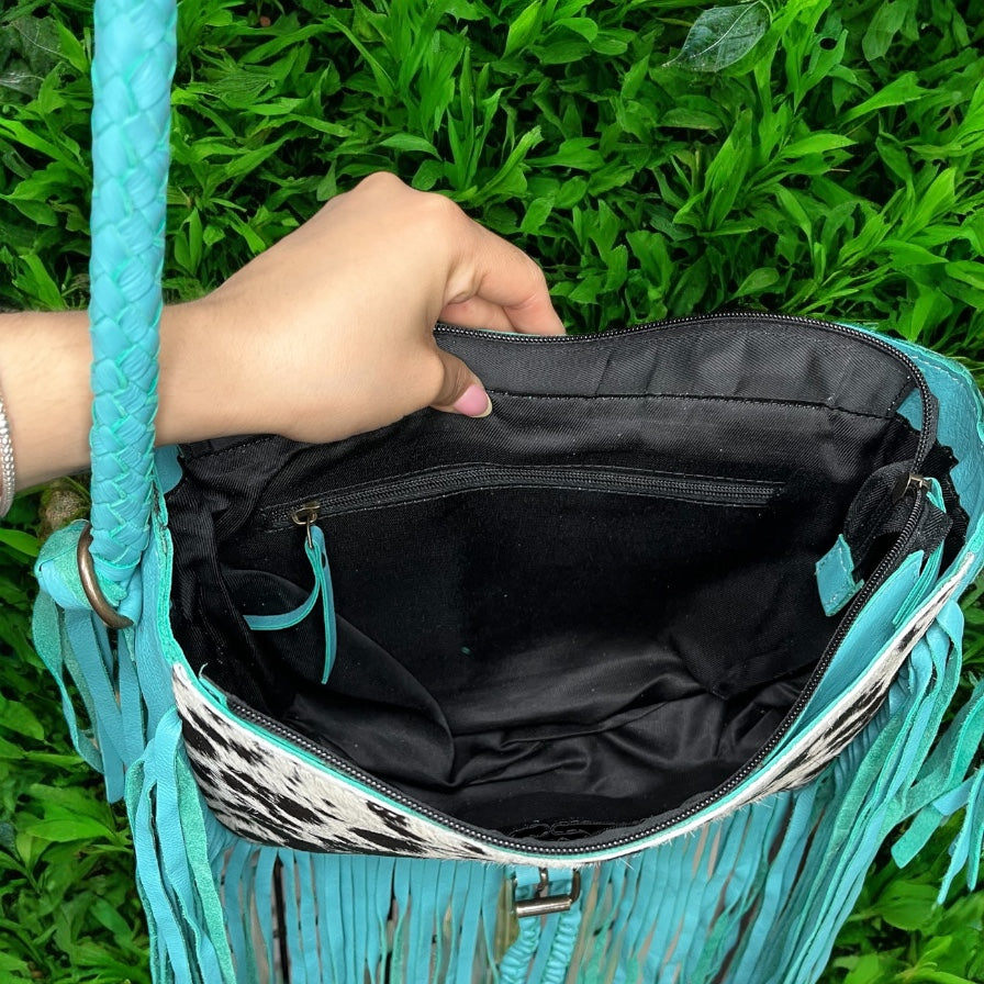 Turquoise cowhide fringe crossbody bag