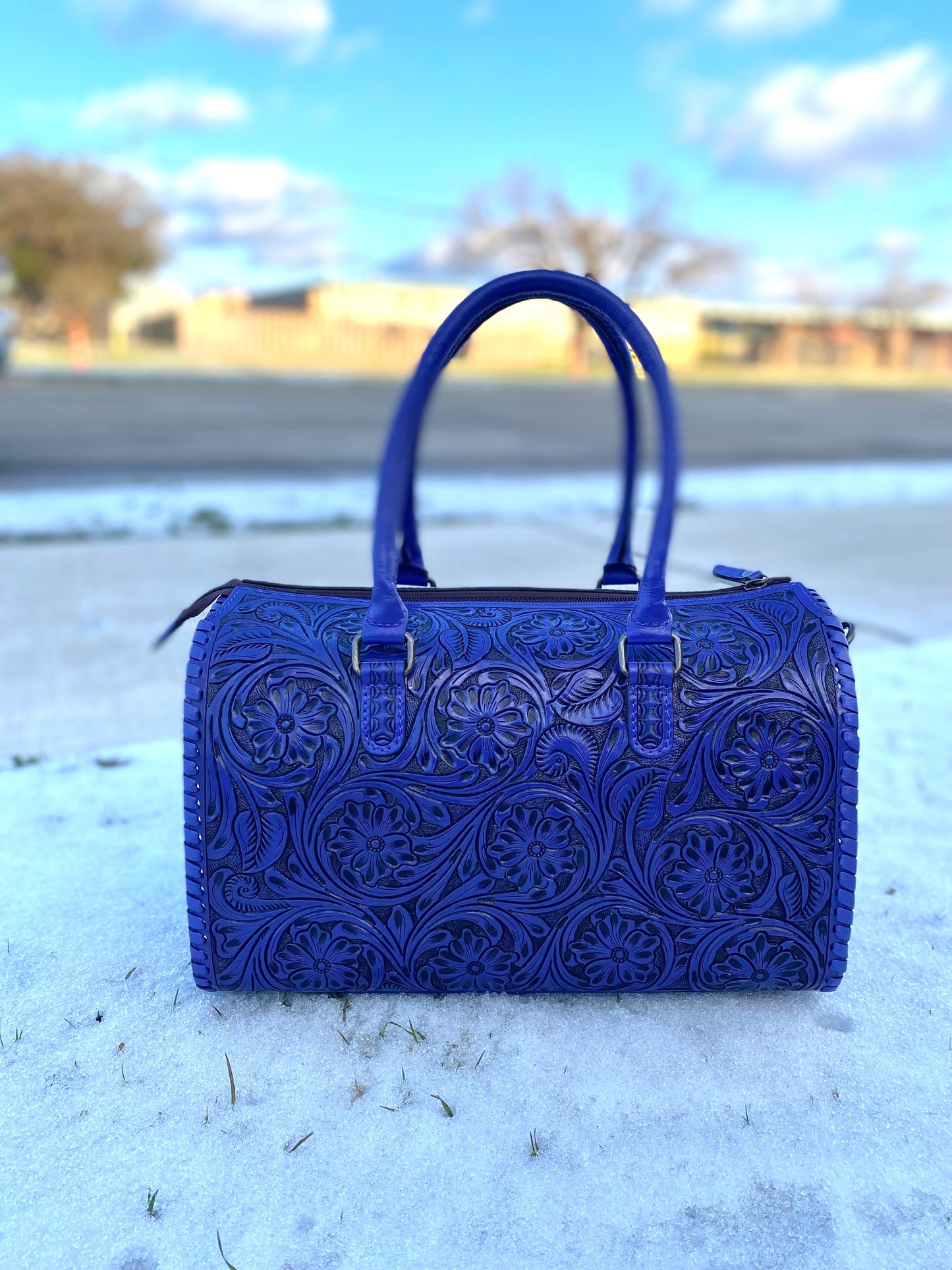 Large Purple Floral Tooled Leather Speedy Duffle Bag