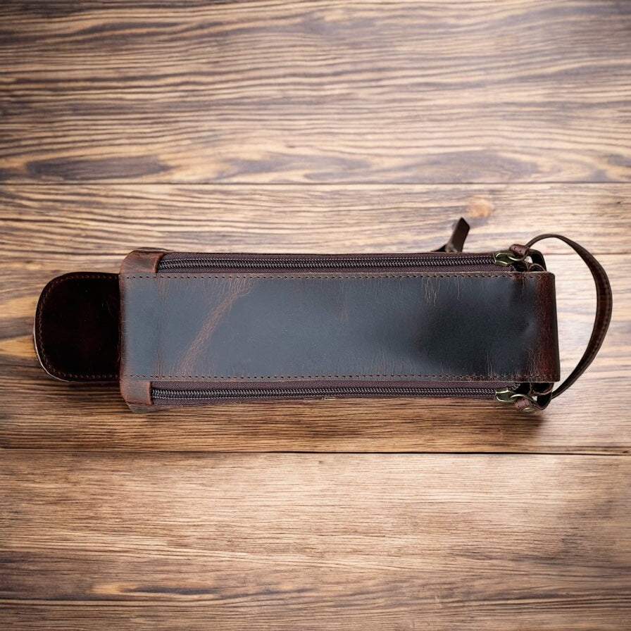 Double zipper rust leather toiletry bag