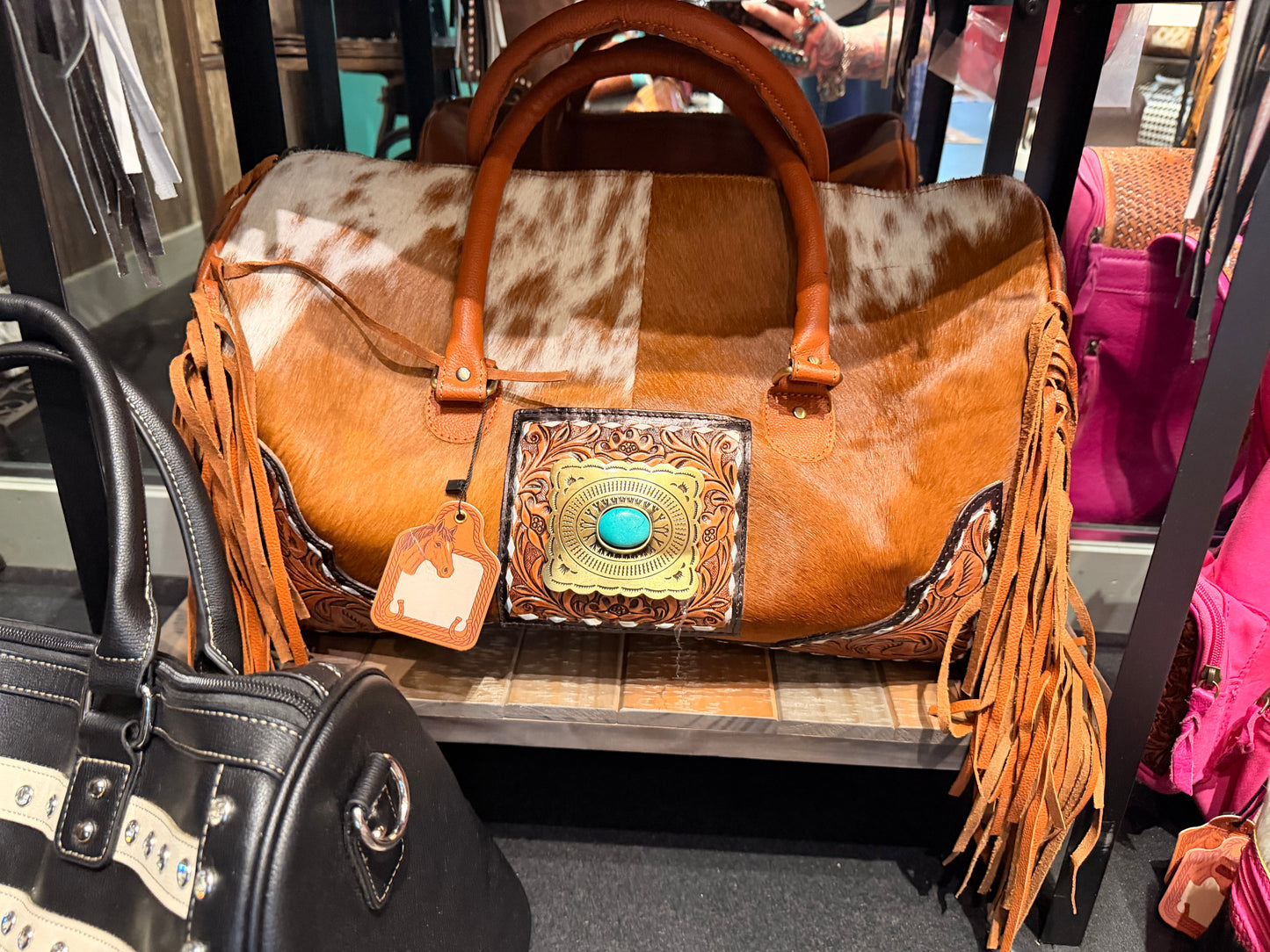 TOOLED LEATHER & COWHIDE DUFFLE BAG