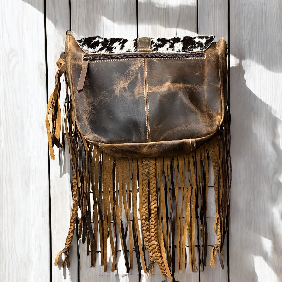 Brown cowhide fringe crossbody bag
