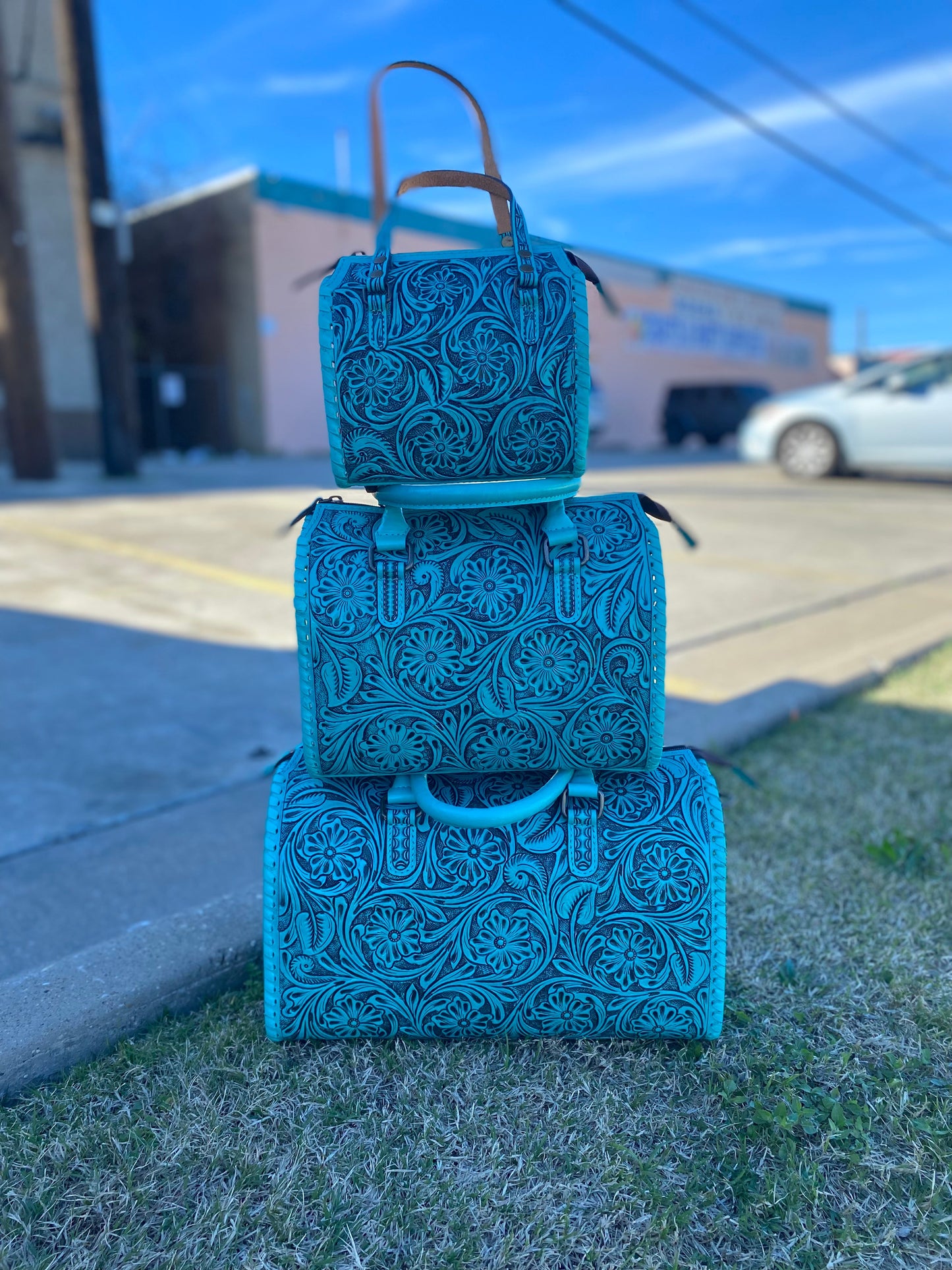 Large Turquoise Floral Tooled Leather Speedy Duffle Bag