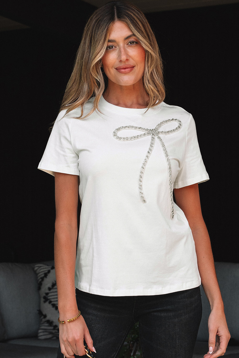 White Rhinestone Bow Embellished Round Neck Tee for Women