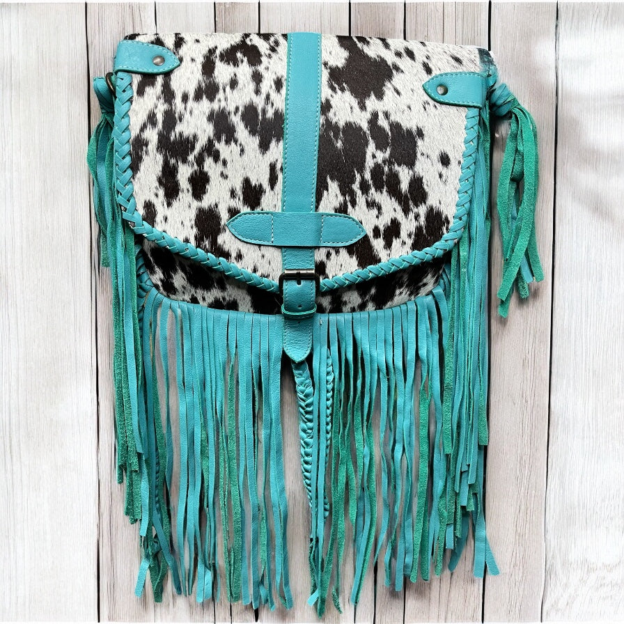Turquoise cowhide fringe crossbody bag