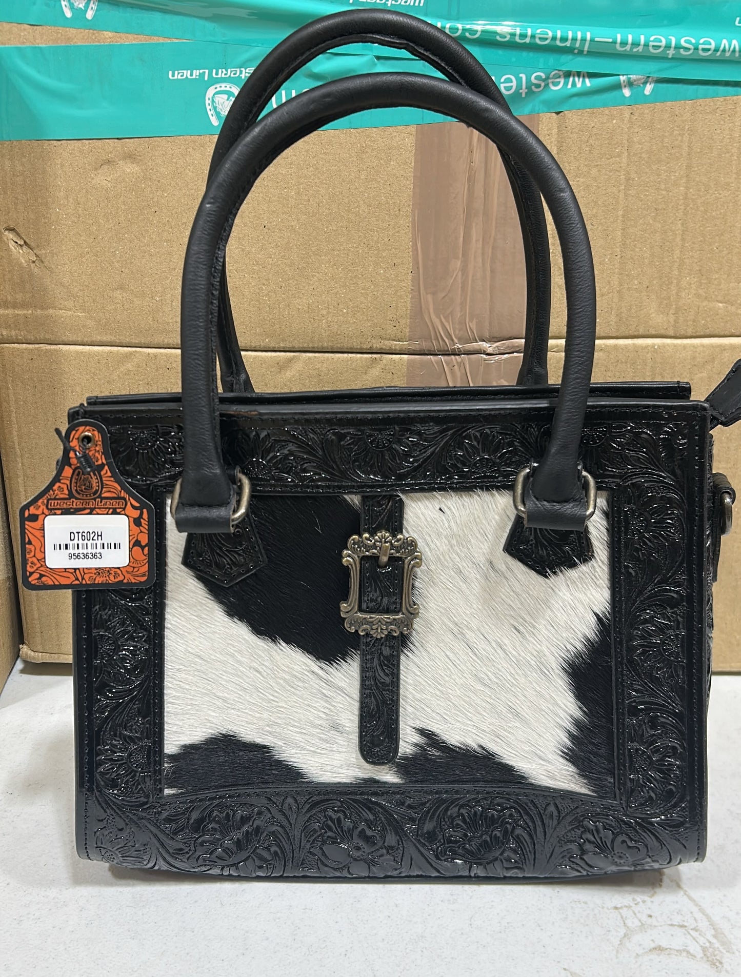 Genuine Leather Black Cowhide Buckle Tote