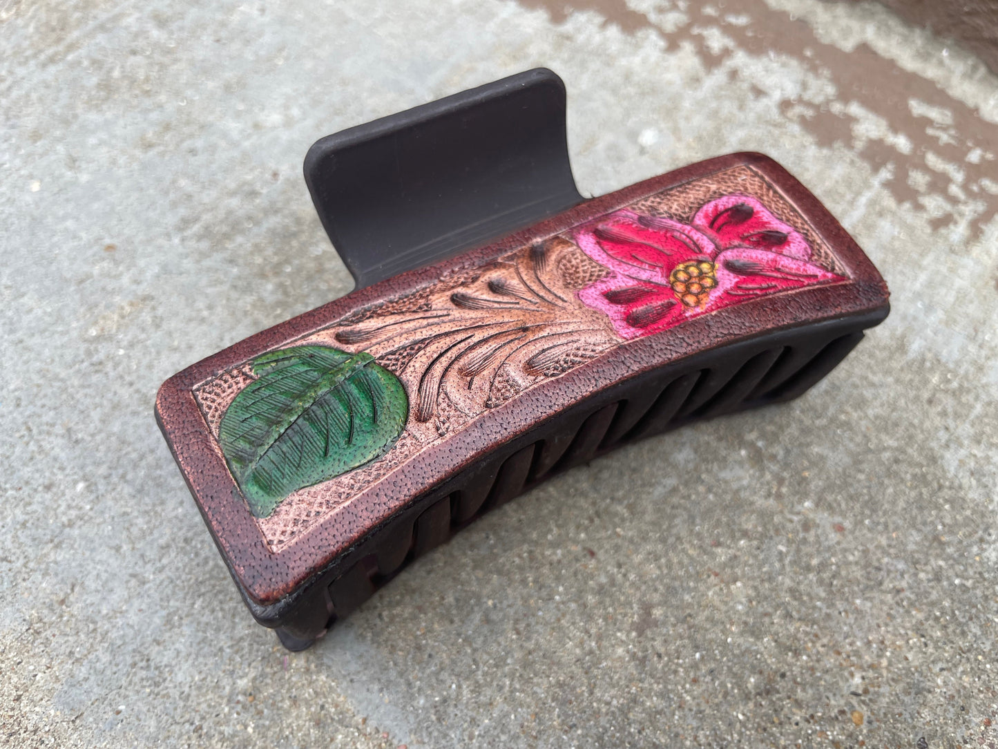 Brown Floral Tooled Leather Hair Claw Clips 4”