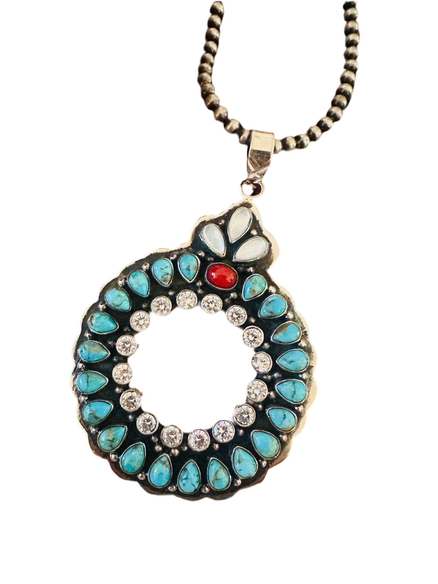 ** Christmas Collection ** Handmade Sterling Silver, Turquoise, Coral & CZ Wreath Pendant Signed Nizhoni