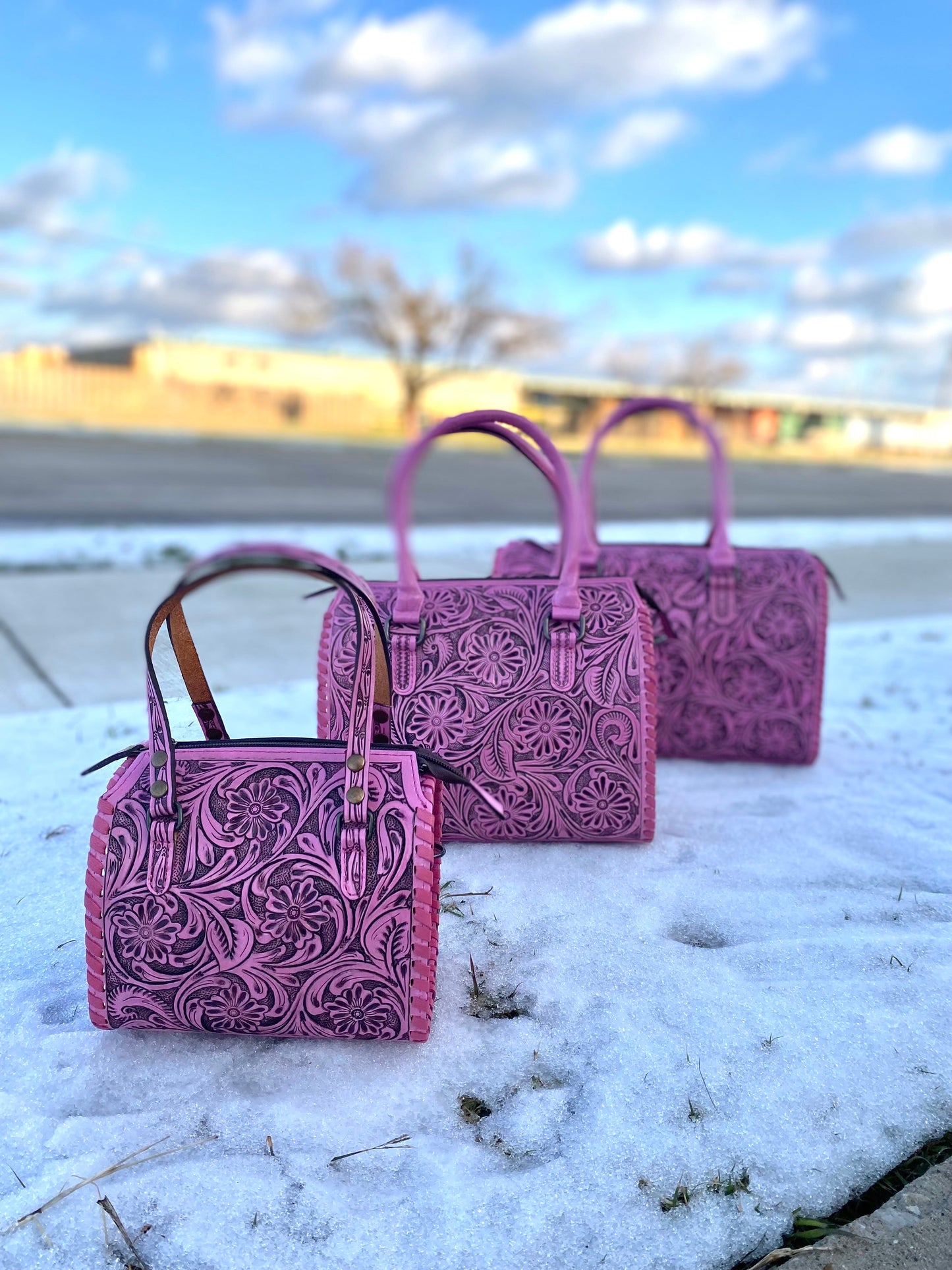 Large Pink Floral Tooled Leather Speedy Duffle Bag