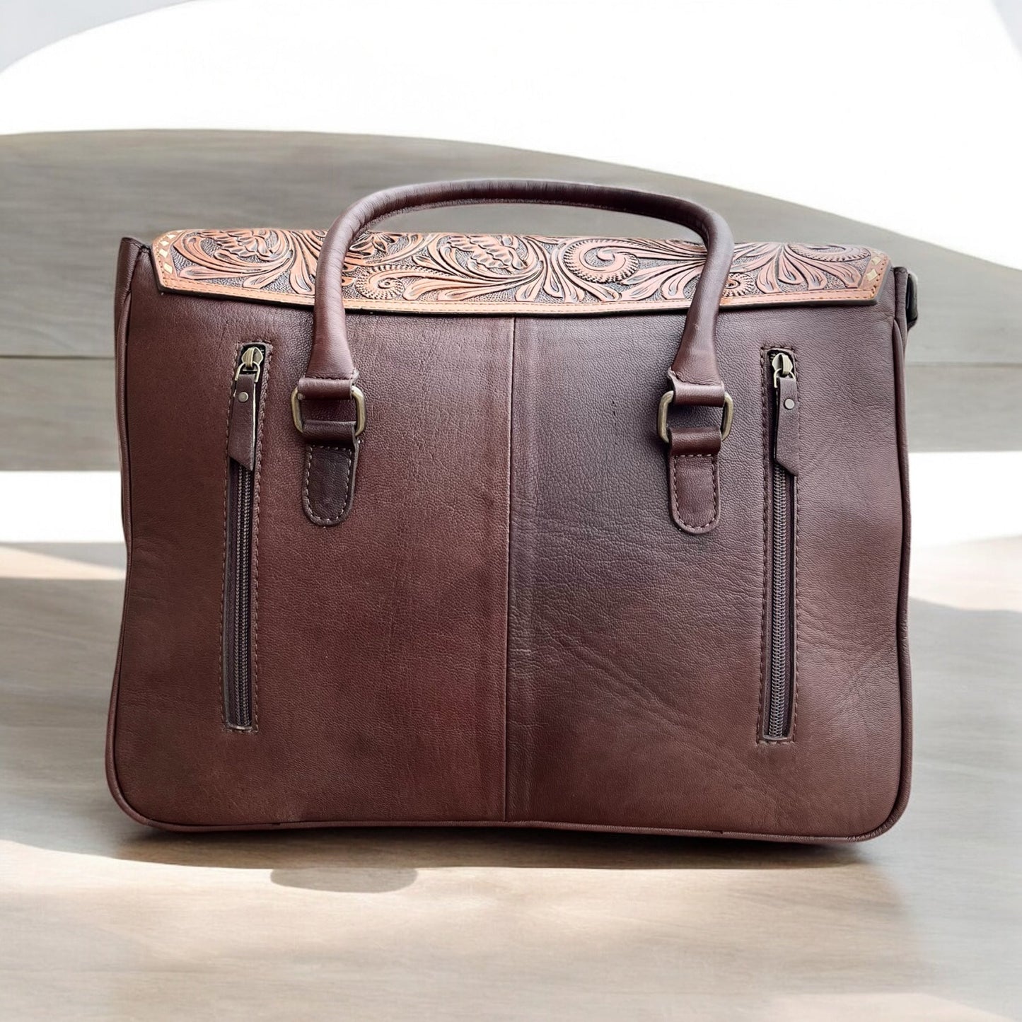 Tooled leather & cowhide carry shoulder bag
