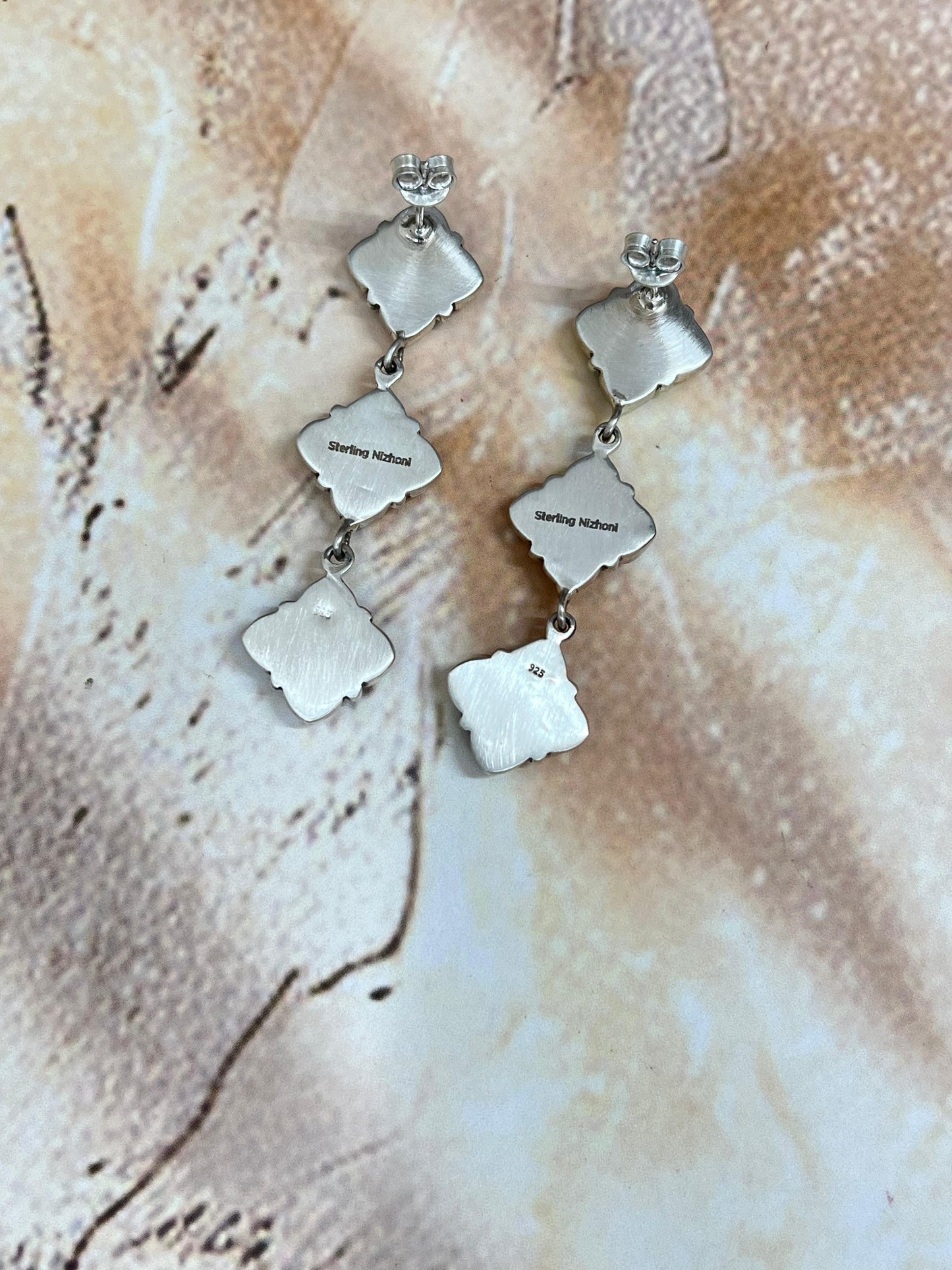 Handmade Sterling Silver Wild Horse Turquoise Dangles Earrings with Signed Nizhoni