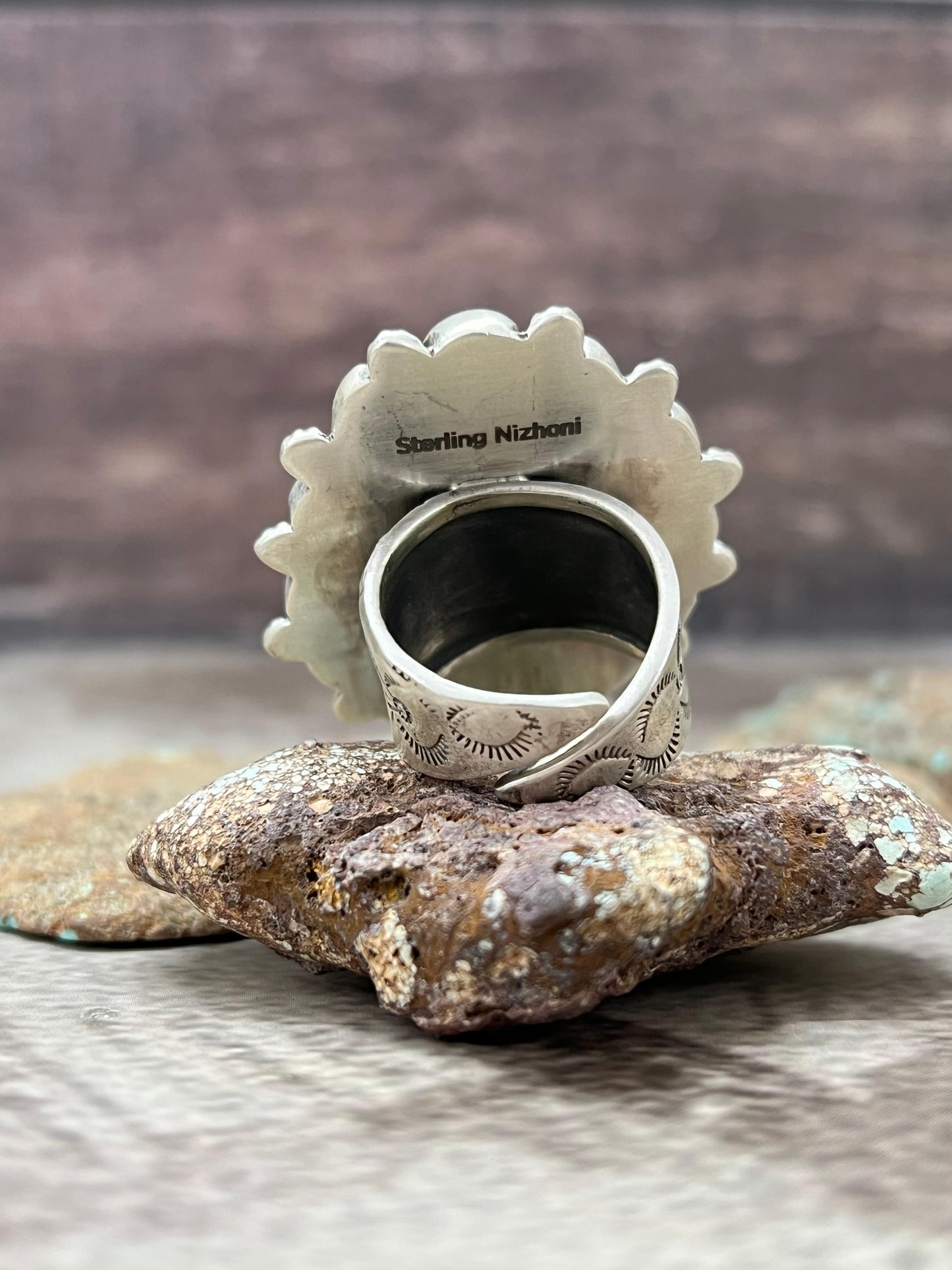 Handmade Sterling Silver Hardy Pit Adjustable Ring with Signed Nizhoni