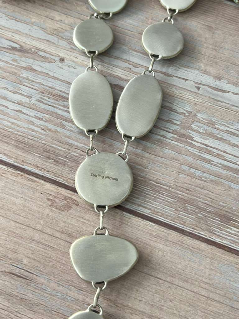 Handmade Sterling Silver Blackjack Turquoise Necklace with Signed Nizhoni