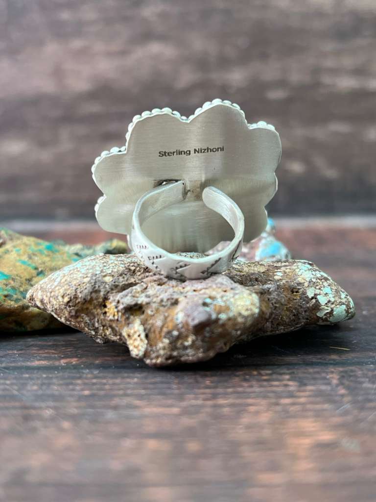 Handmade Sterling Silver Sonoran Mountain Turquoise with White Water Turquoise Adjustable Rings, Signed Nizhoni