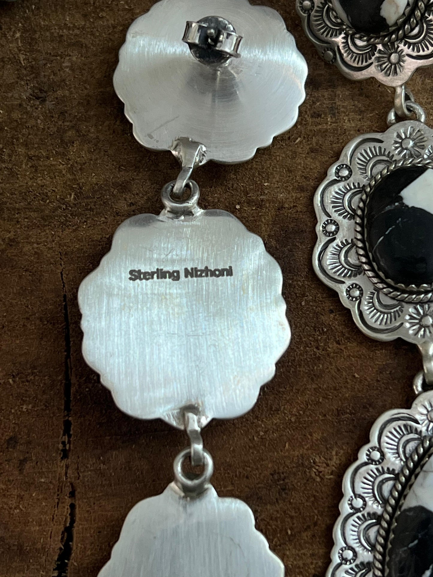 Handmade Sterling Silver White Buffalo Post Dangle Earrings with Signed Nizhoni