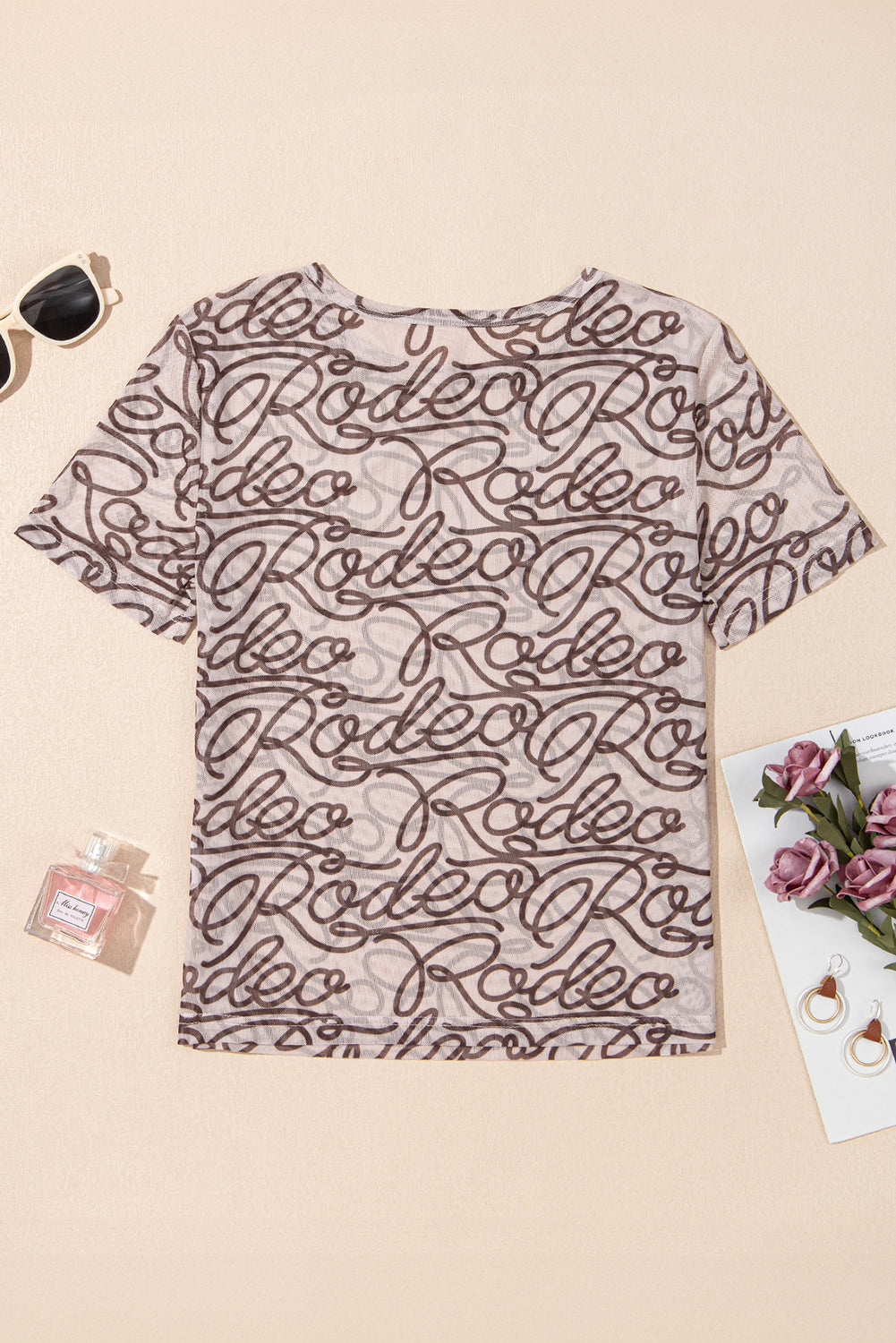Brown Rodeo Print Round Neck Slim Fit Mesh T Shirt for Men