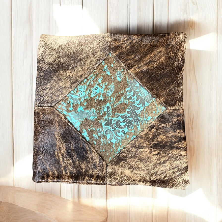 Brown cowhide & turquoise tooled pillow 16”