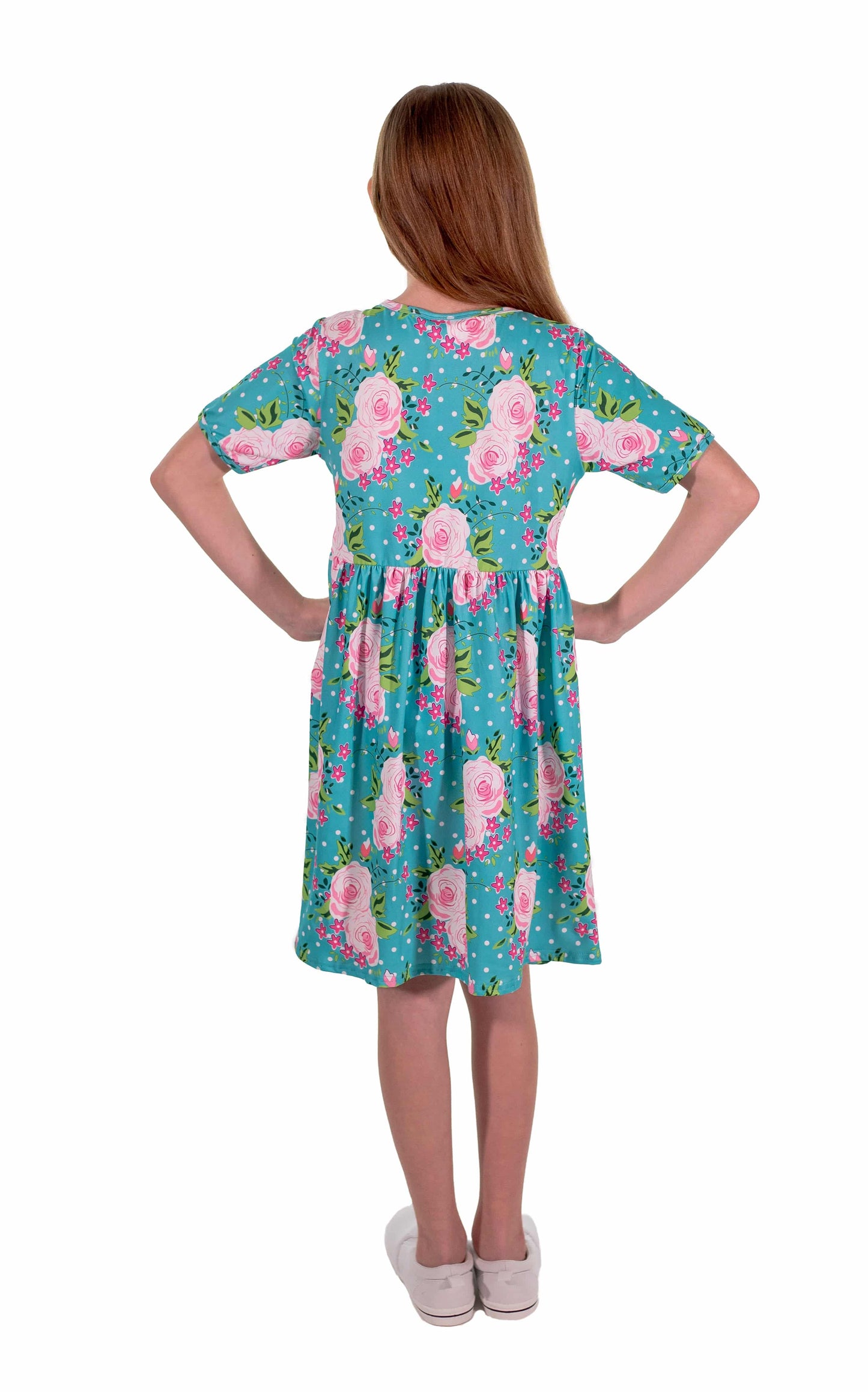 Teal Flower Short Sleeve Milk Silk Dress