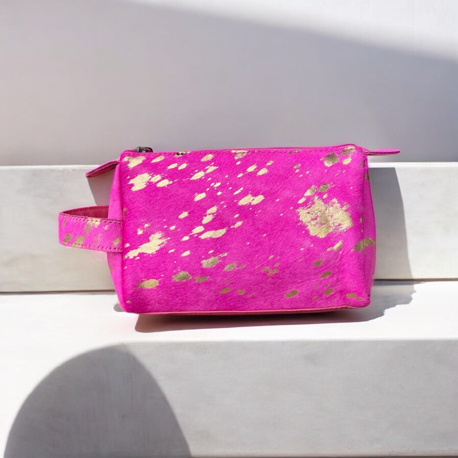 Hot pink cowhide acid wash toiletry bag