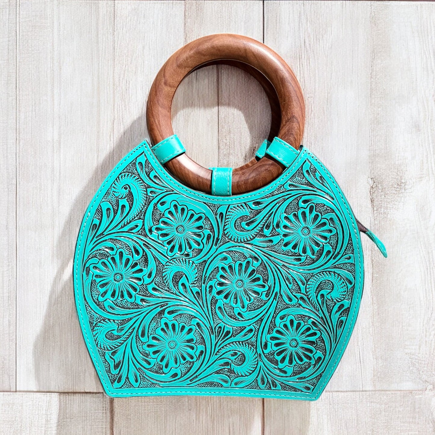 Large Turquoise tooled leather handbag