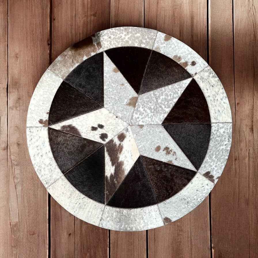 Star cowhide patchwork rug 3x3’