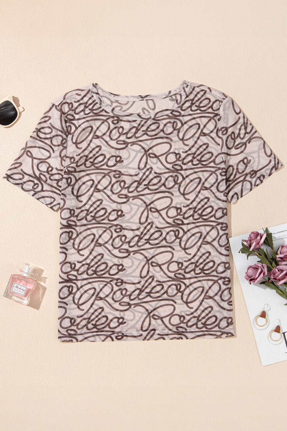 Brown Rodeo Print Round Neck Slim Fit Mesh T Shirt for Men