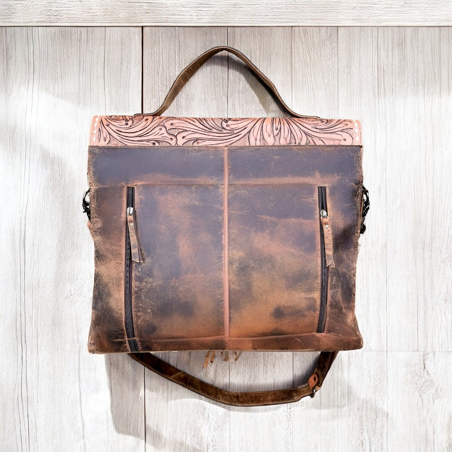 Oversize hand tooled fringe carry shoulder bag