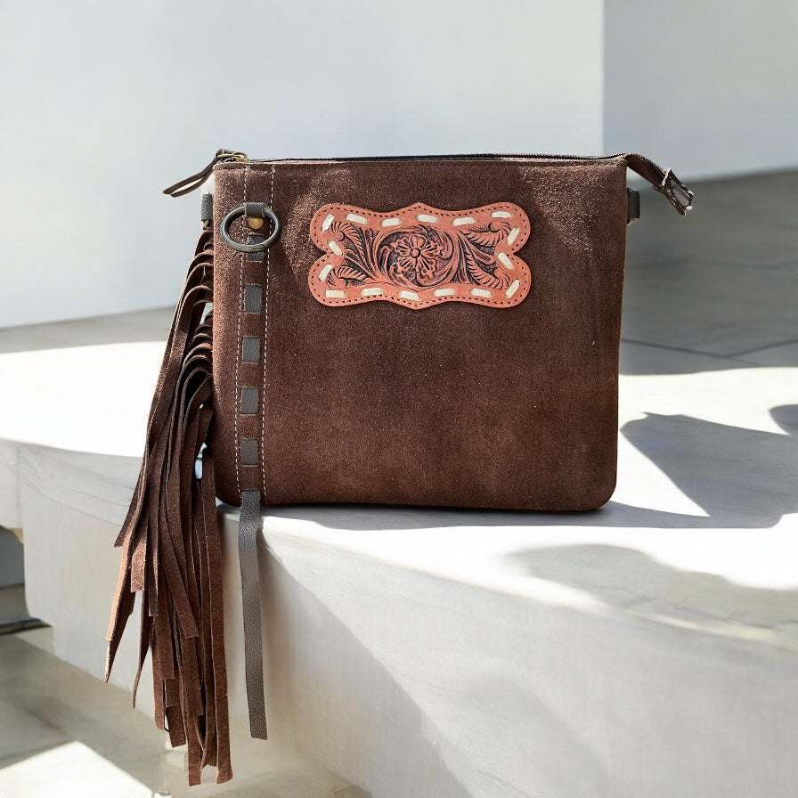Brown suede & tooled fringe Crossbody bag
