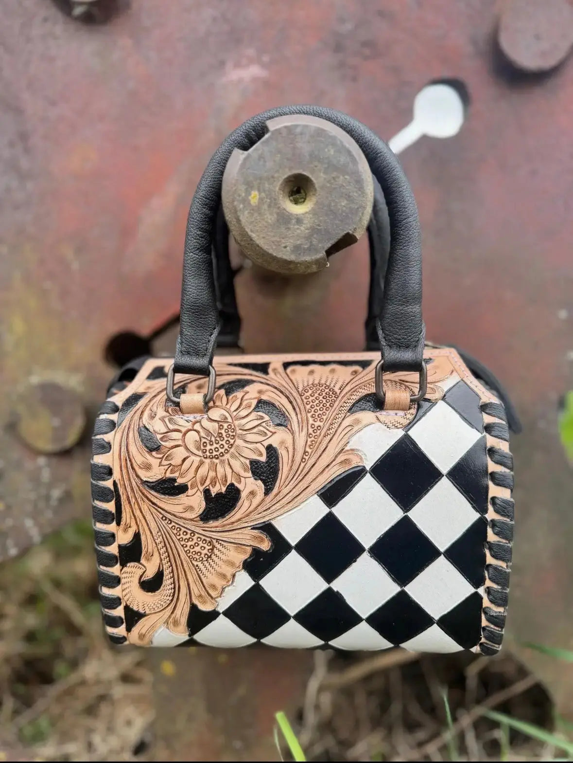 Luxe Tooled Leather Starry Night Rhinestone Stud Checkered Speedy Bag