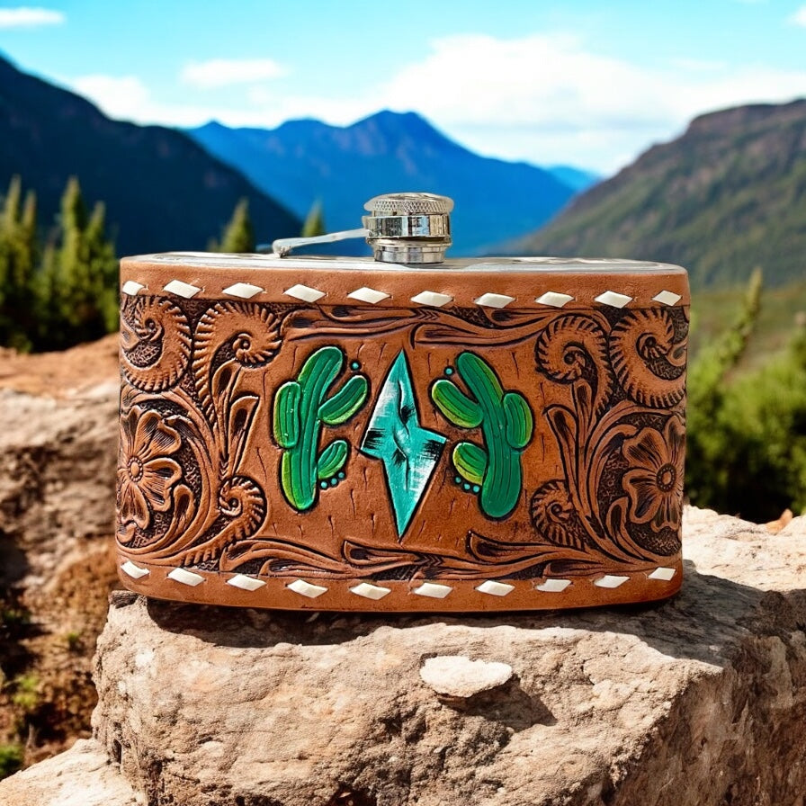 Cactus tooled leather Flasks