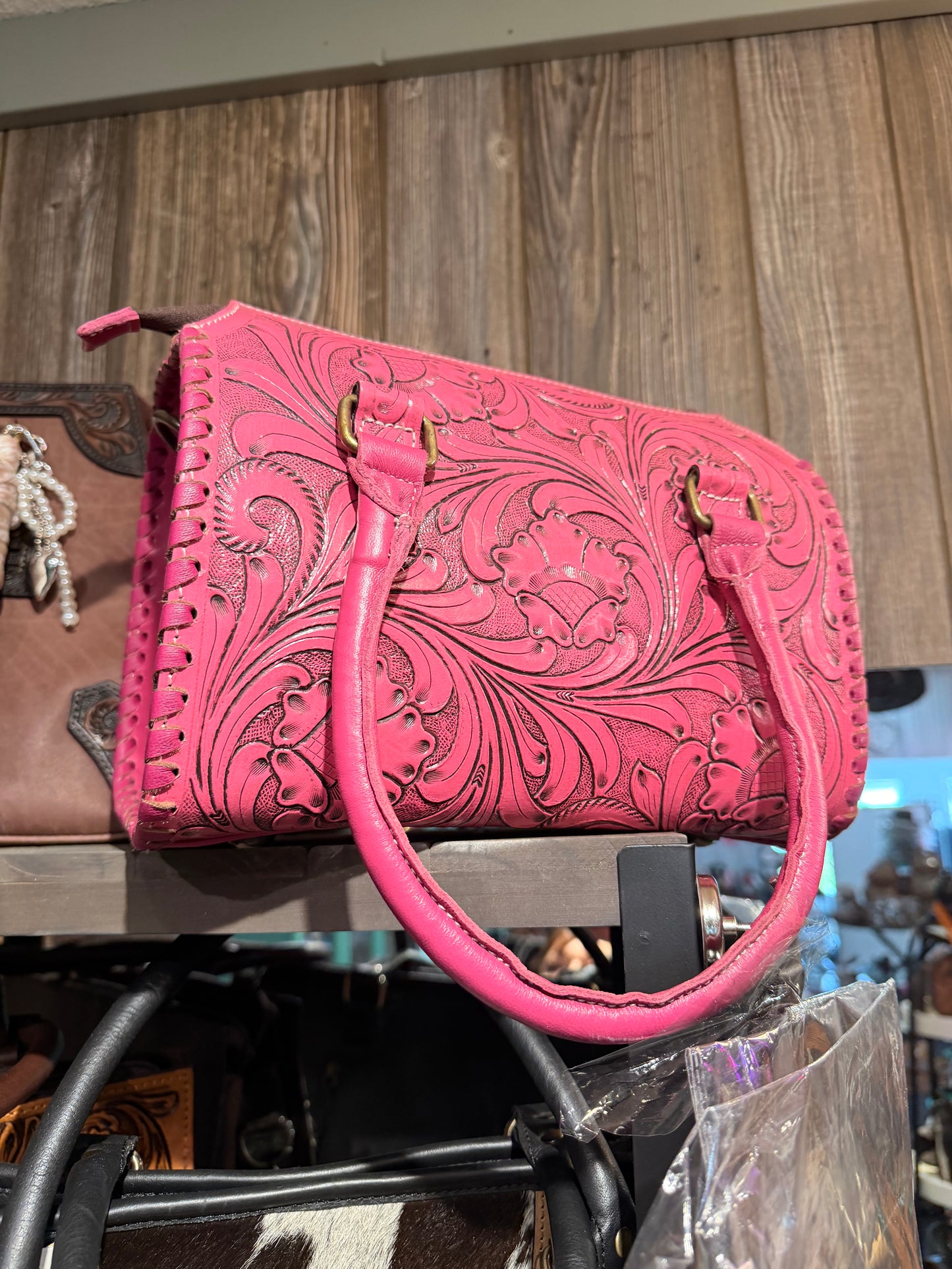 Medium Pink Hand Tooled Genuine Leather Speedy