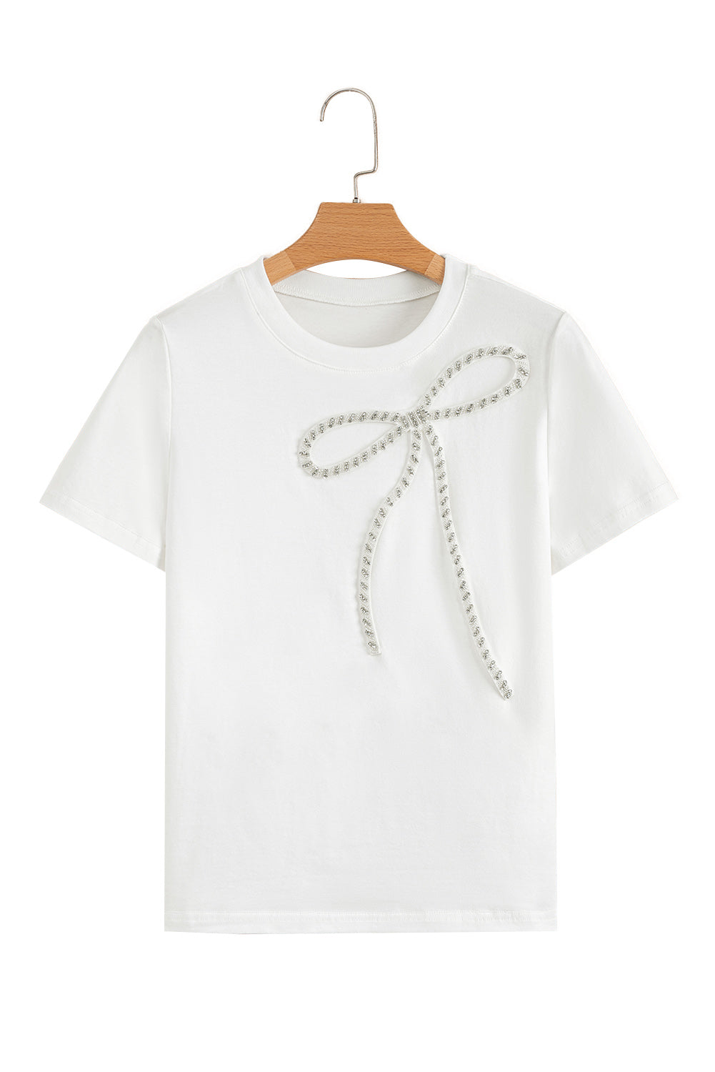 White Rhinestone Bow Embellished Round Neck Tee for Women