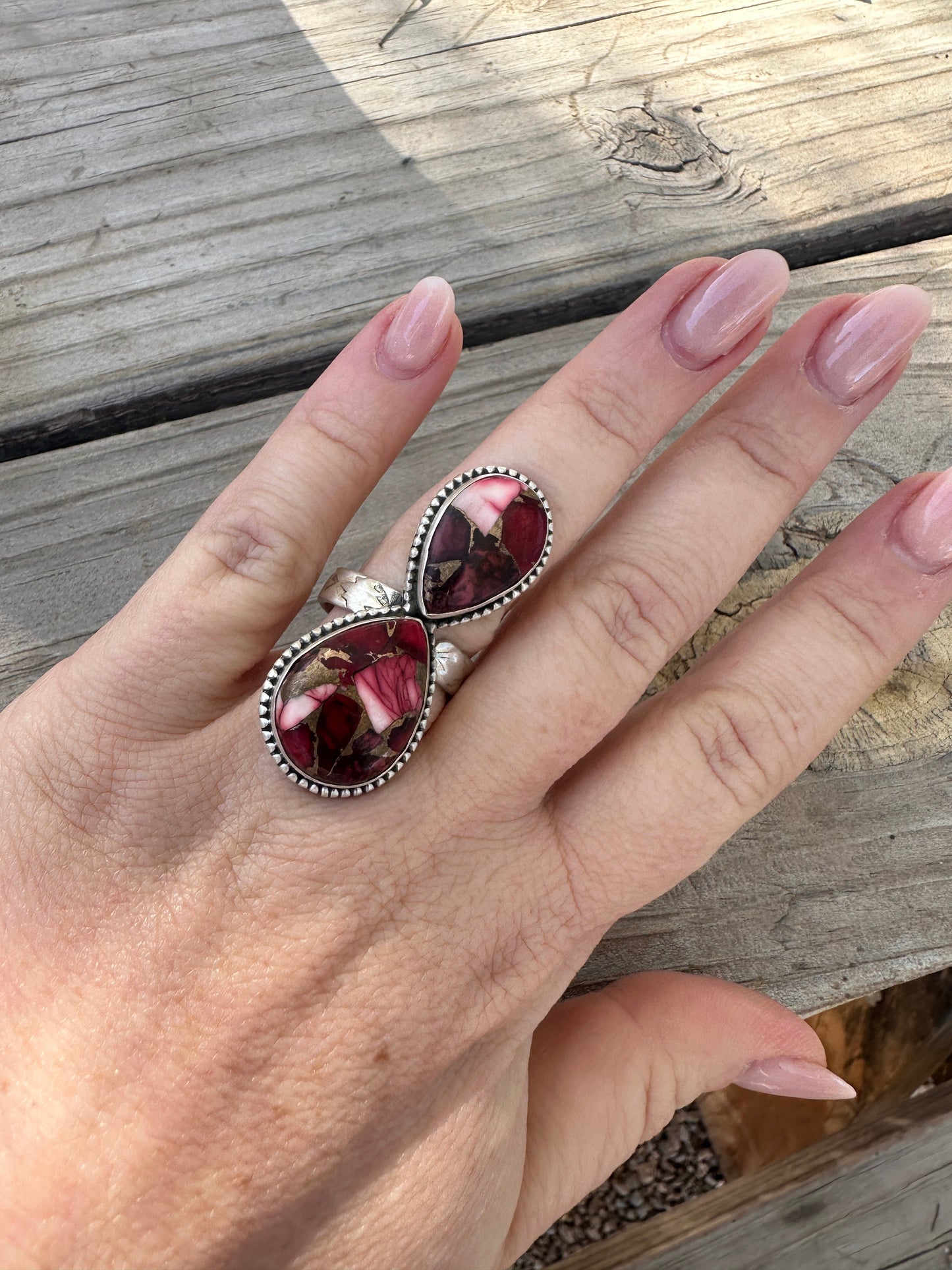 Beautiful Handmade Dahlia Rose And Sterling Silver Adjustable 2 Stone Ring