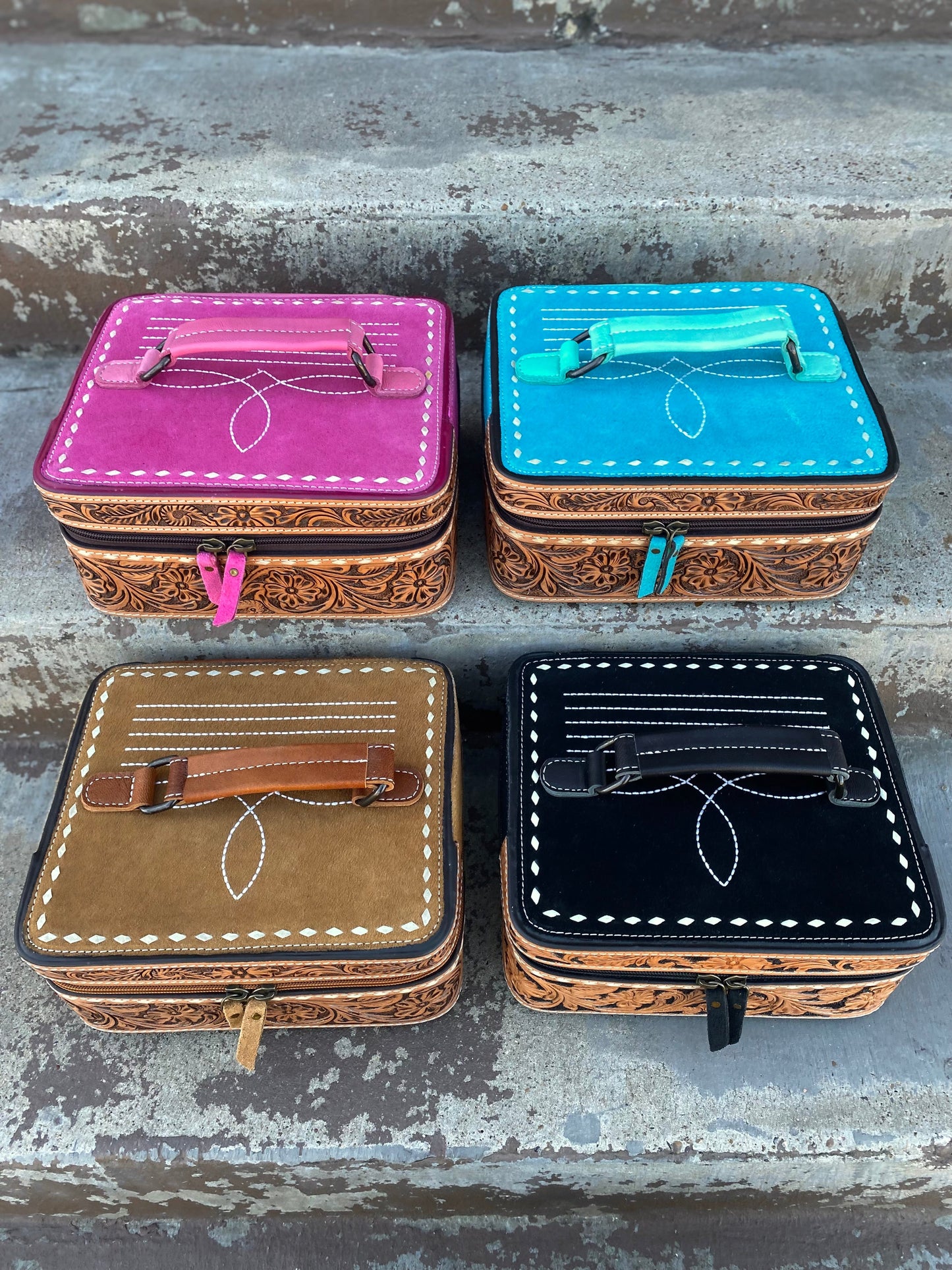 Pink BootStitch Suede Leather & Tooled Jewelry Box