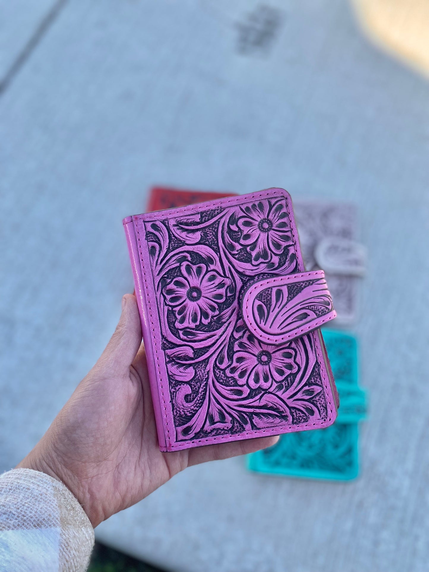 Pink Floral Tooled Leather Passport Cover