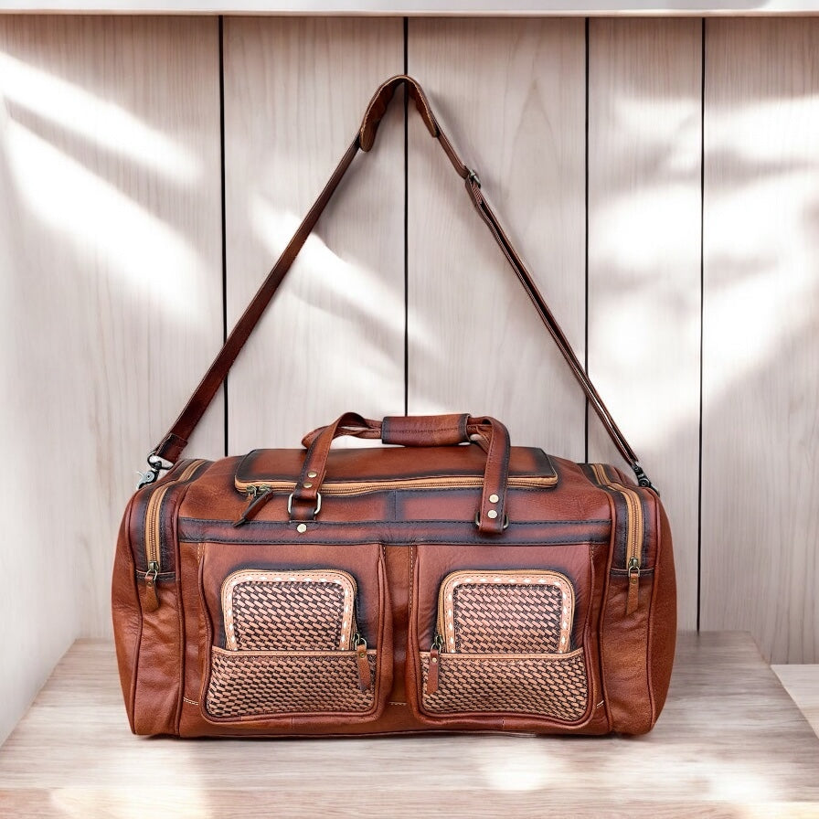 Basketweave tooled leather duffle bag