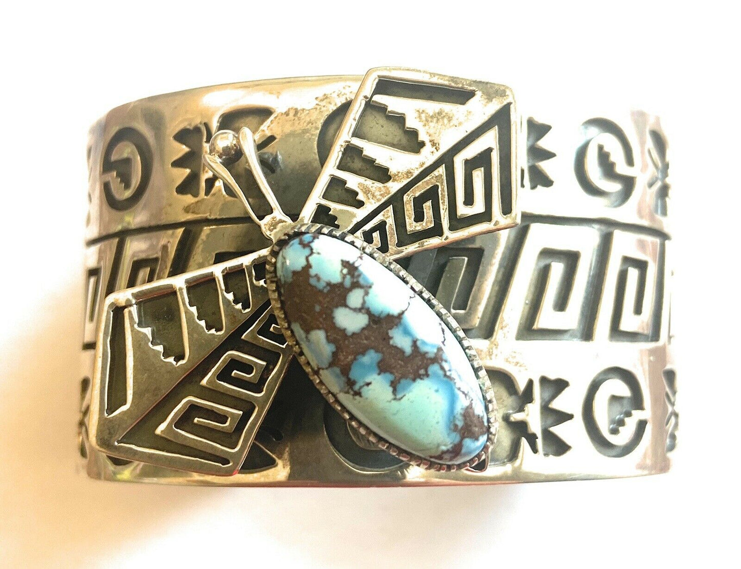 Navajo Sterling Silver & Golden Hills Turquoise Dragonfly Cuff Bracelet, Signed RB