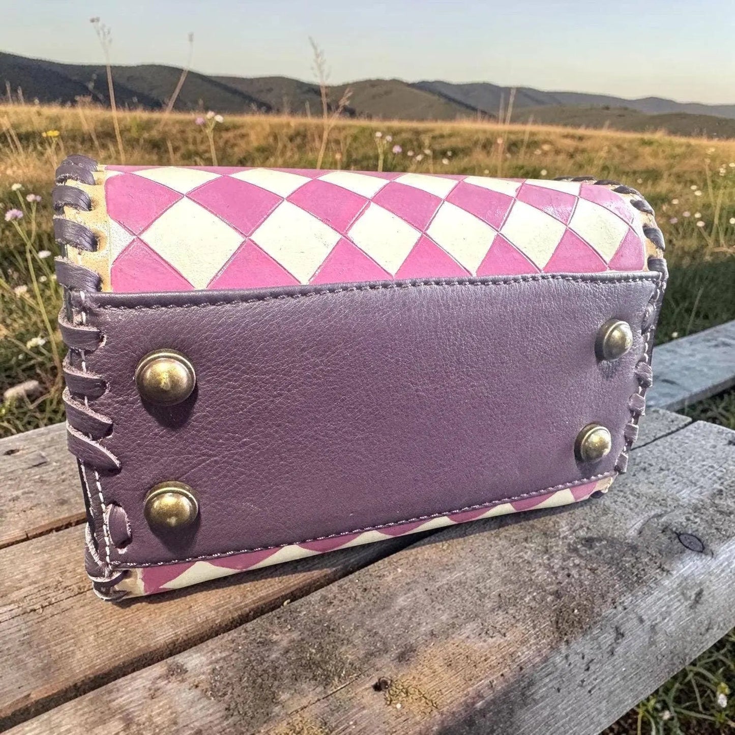 Country Lilac Checkered Speedy Western Genuine Leather Purse