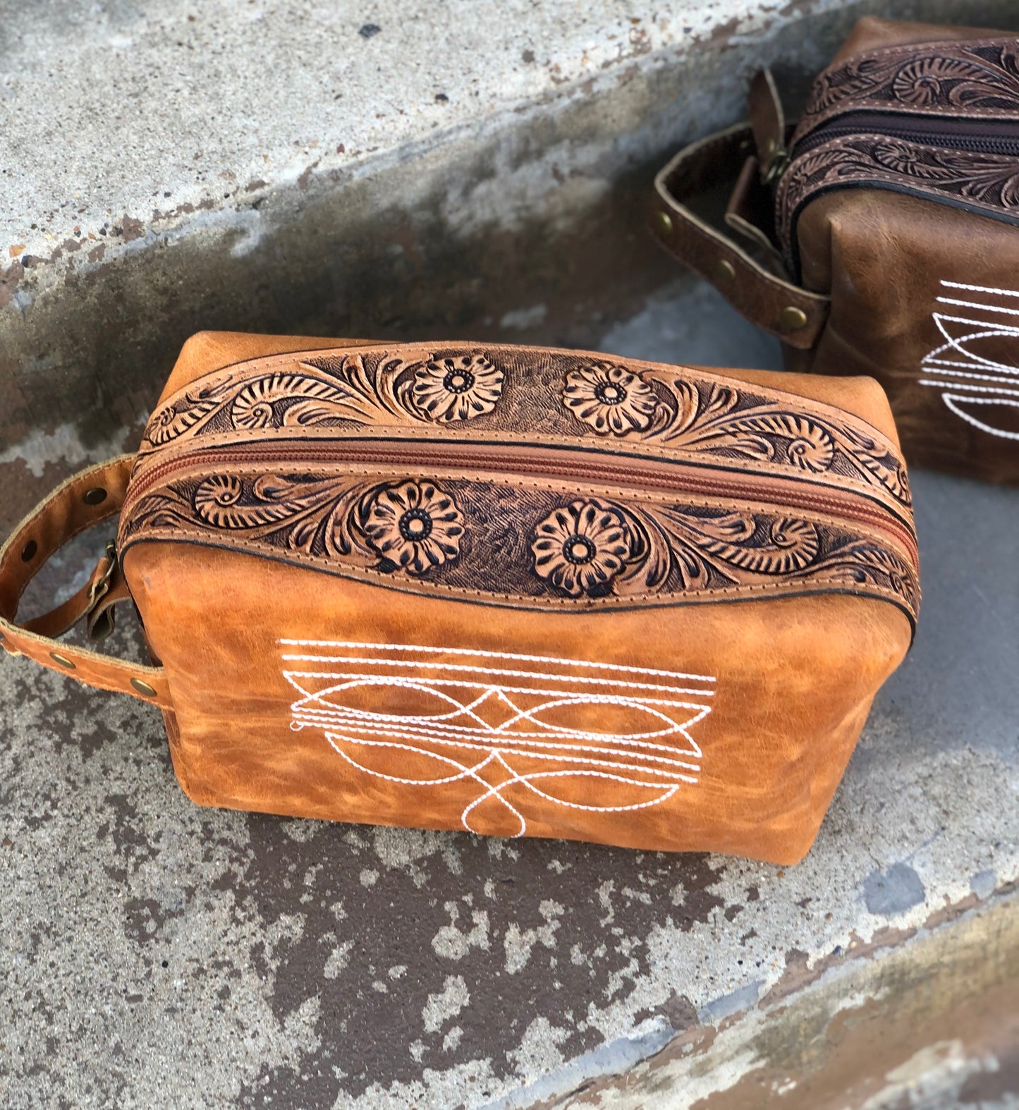 Tan Bootstitch Tooled & Leather Toiletry Bag