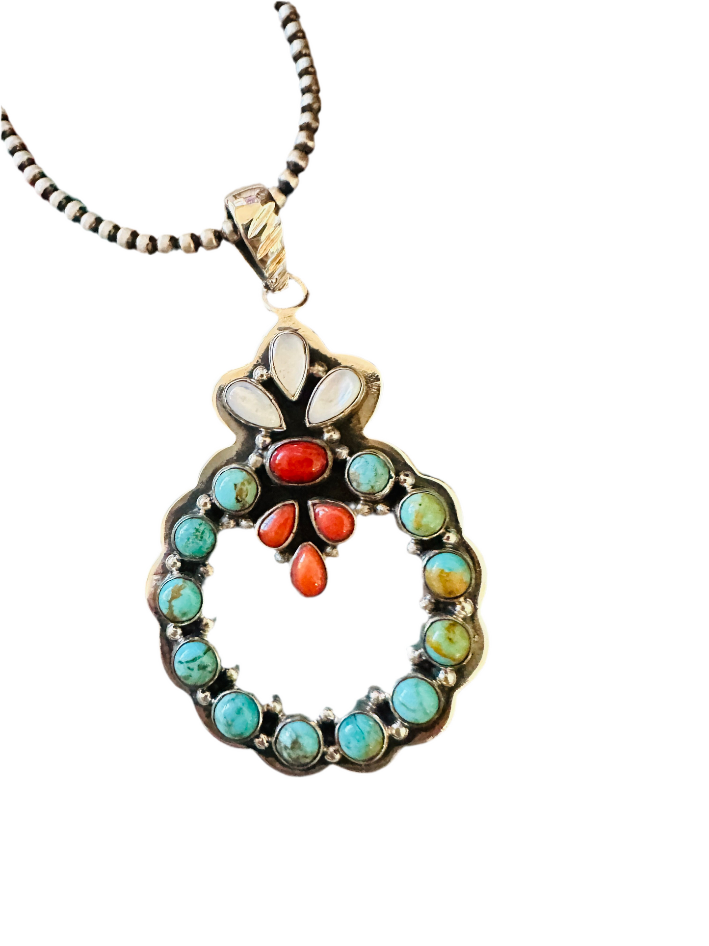 ** Christmas Collection ** Handmade Sterling Silver, Turquoise & Coral Wreath Pendant Signed Nizhoni