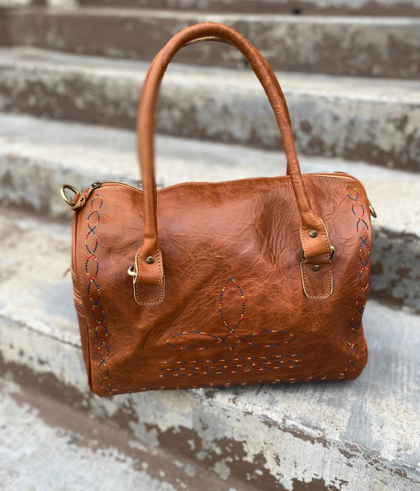 Tan Vintage Tooled Duffle Bag