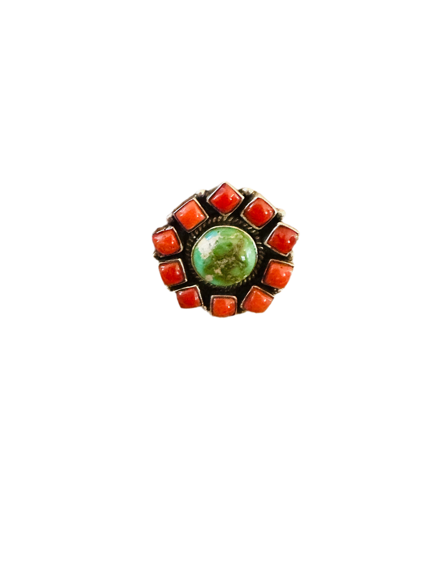 ** Christmas Collection ** Handmade Sterling Silver, Turquoise & Coral Adjustable Ring Signed Nizhoni