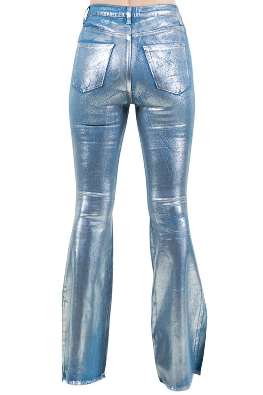 High Rise Metallic Blue Bell Bottom -33" Inseam