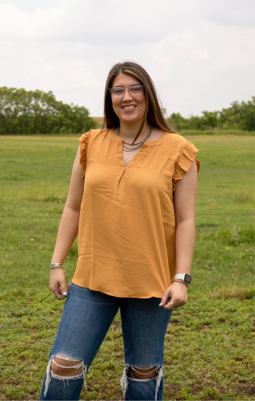 Golden Mustard - Ruffled Sleeve High Low Top