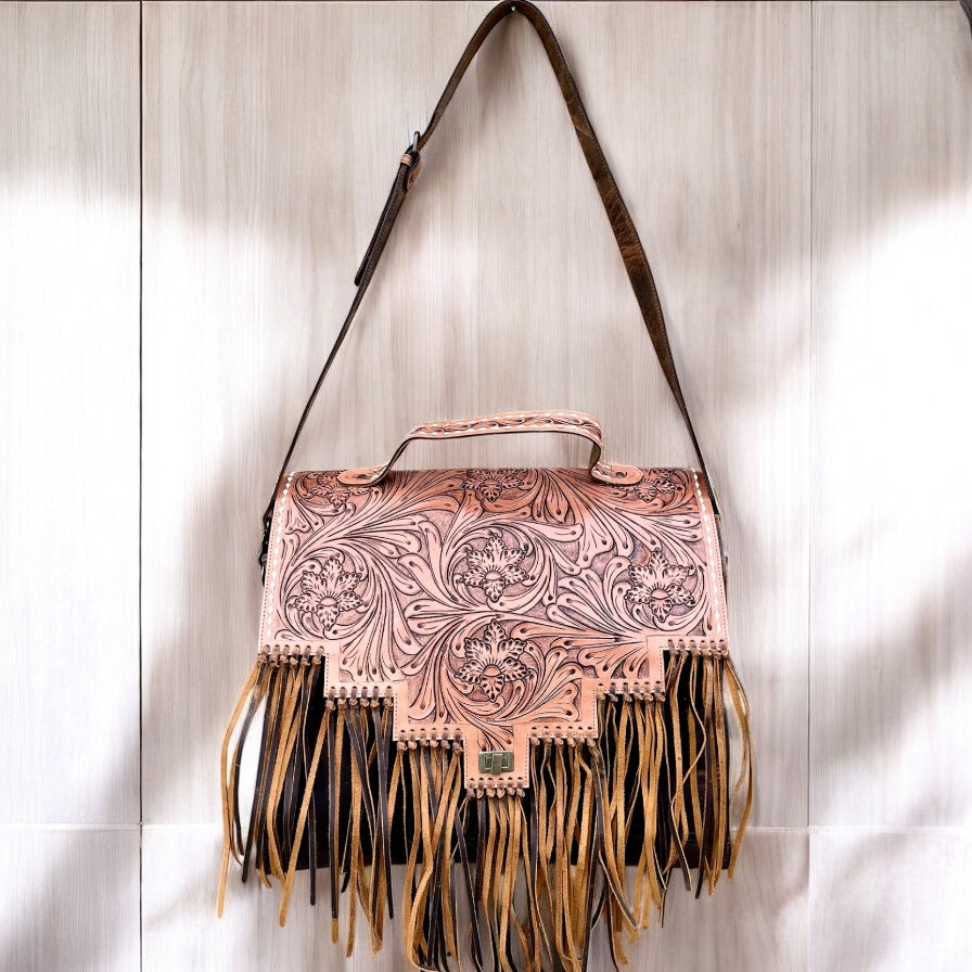 Oversize hand tooled fringe carry shoulder bag