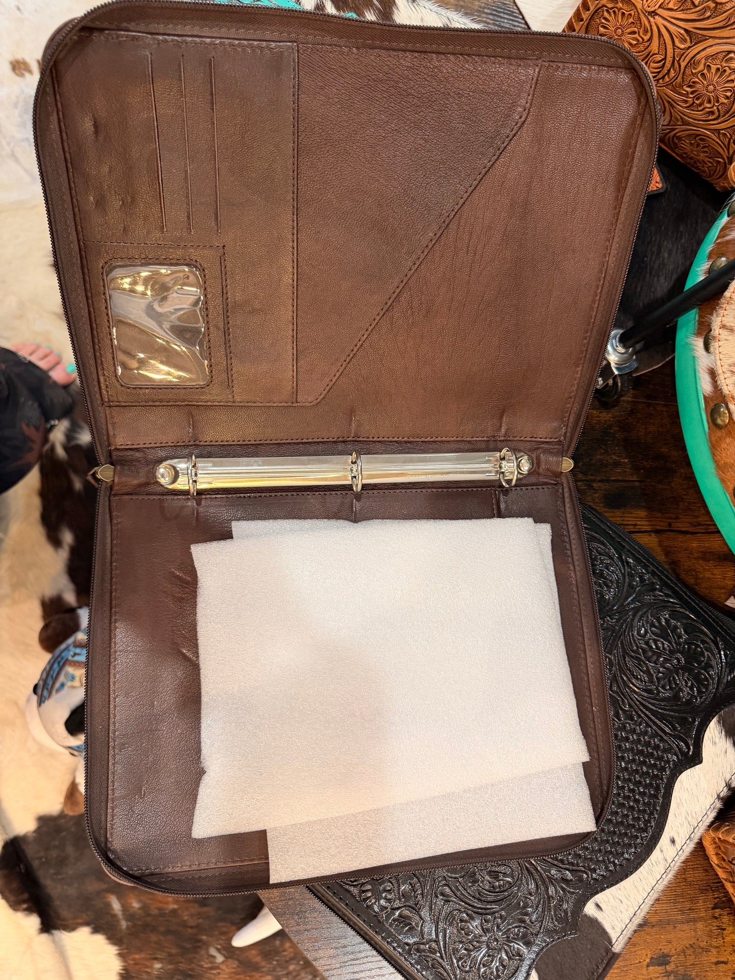 Handcrafted turquoise tooled leather and hair-on cowhide portfolio/binder