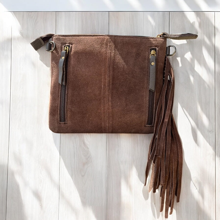 Brown suede & tooled fringe Crossbody bag