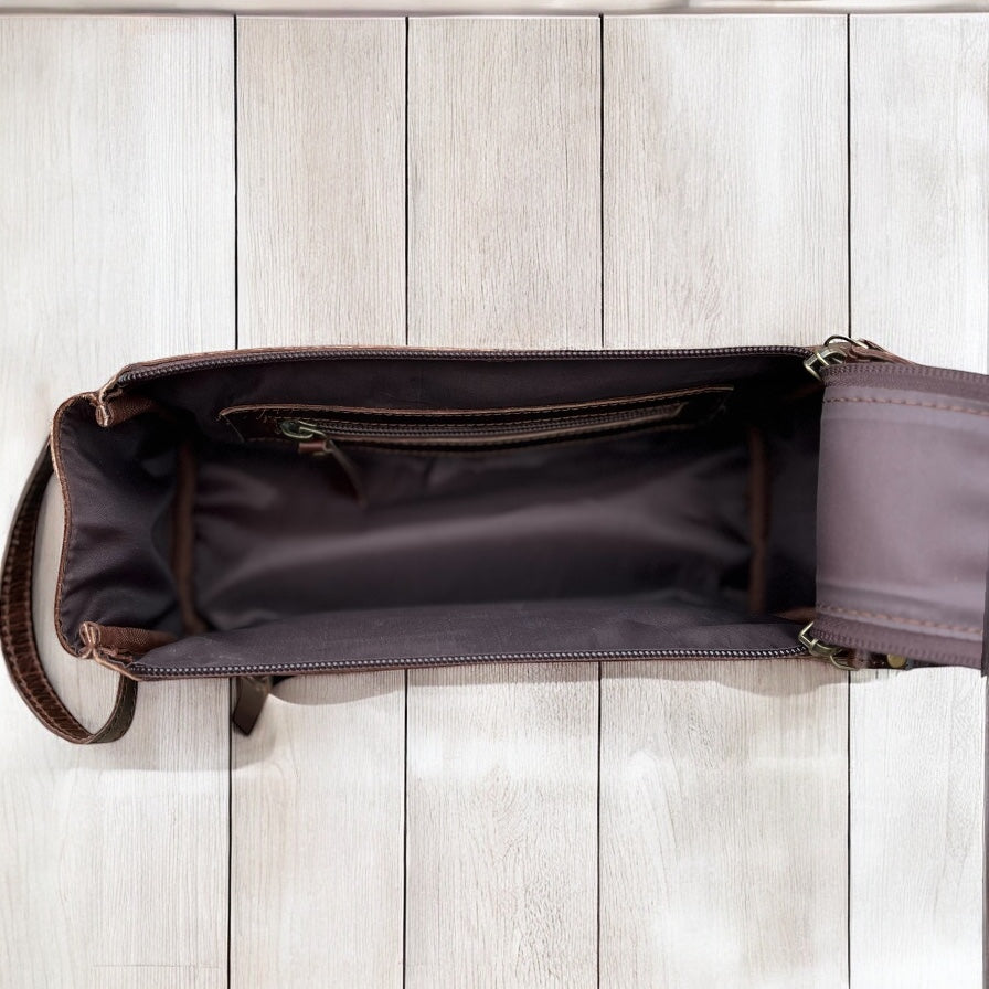 Double zipper rust leather toiletry bag