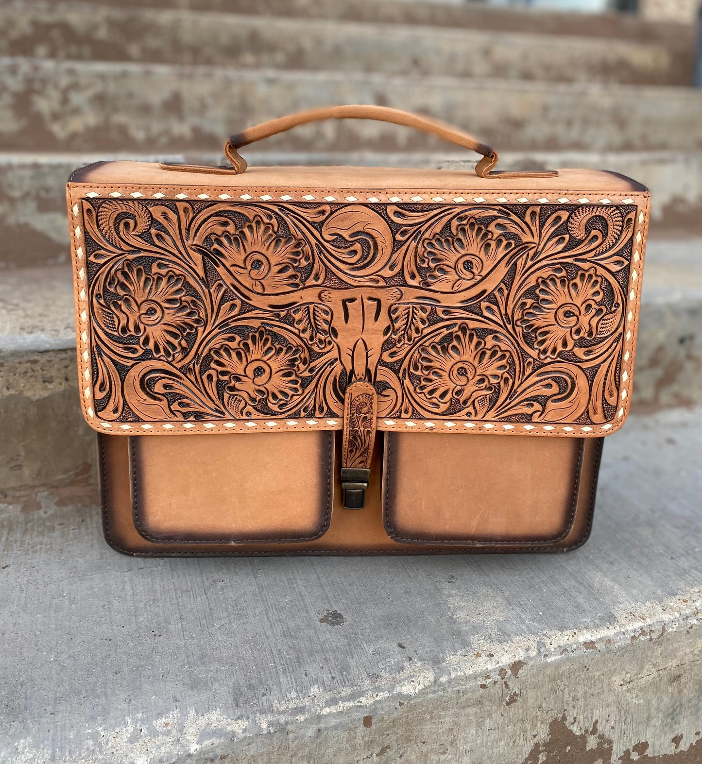 Burn Tooled Longhorn Leather briefcase